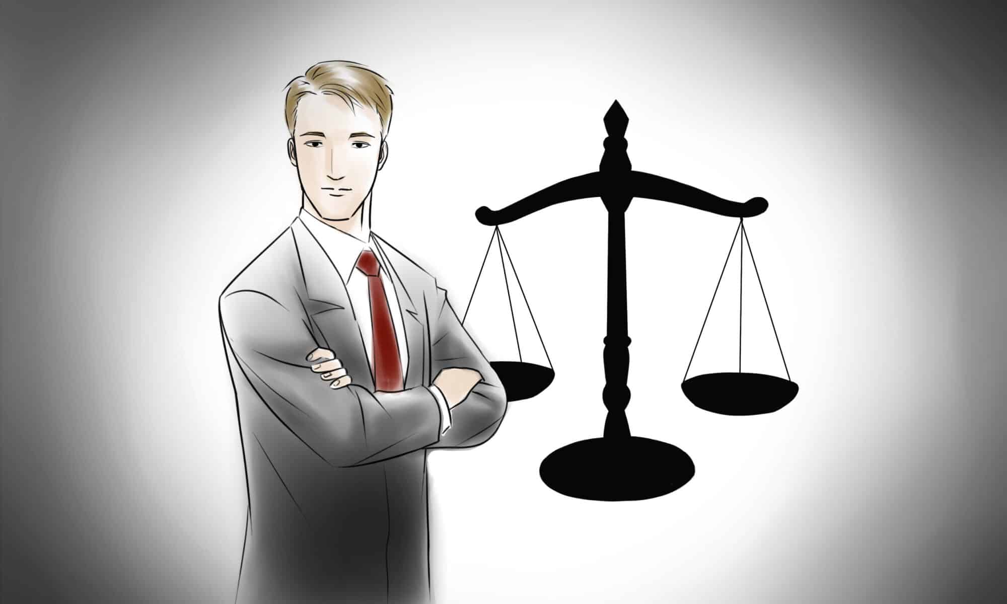 A caricature of a 30 year old male workers' compensation or bankruptcy lawyer in a grey suit with a red tie arms crossed in front of the scales of justice