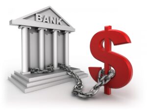 Lawsuits, bankruptcy, dollar bill chained to bank